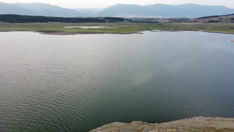Beautiful-aerial-view-of-Jrebchevo-reservoir-lake,-Sliven-Region,-Bulgaria