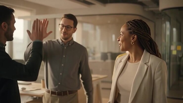 Diverse Professional Team Celebrating Success in Modern Office