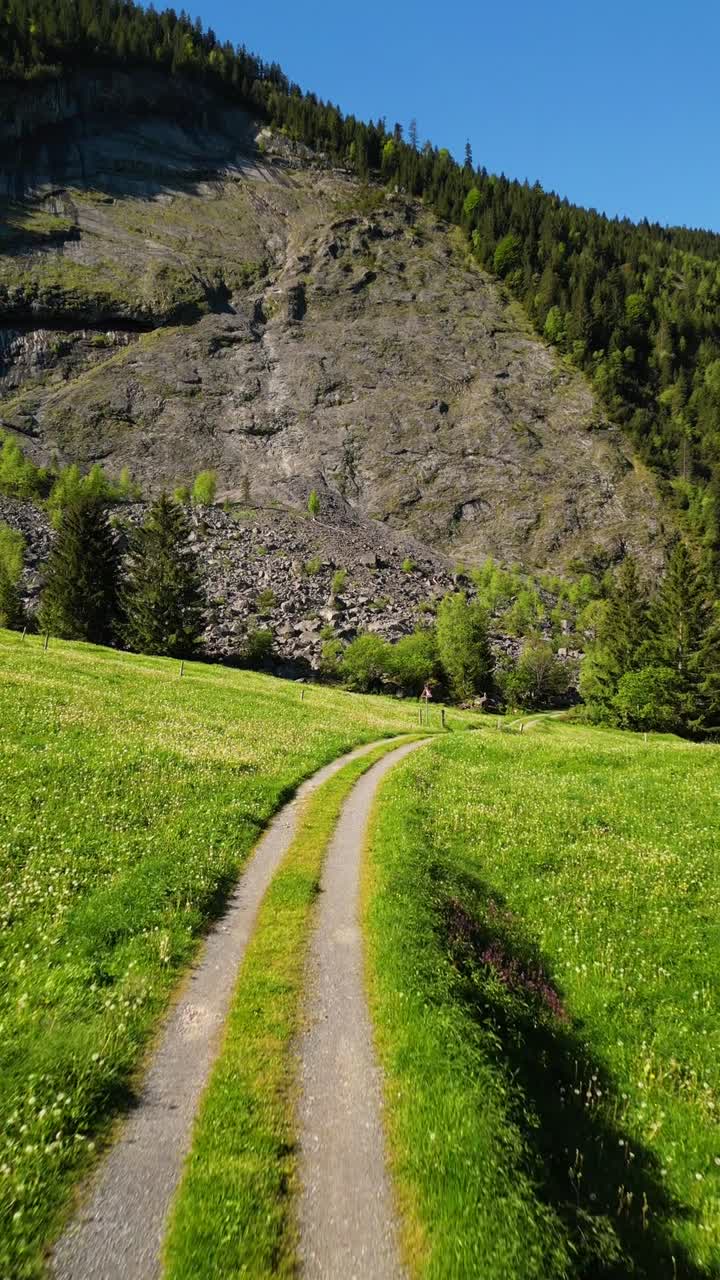 Hike trek path in alpine Switzerland Glarus Alps region, outdoor aerial drone vertical video