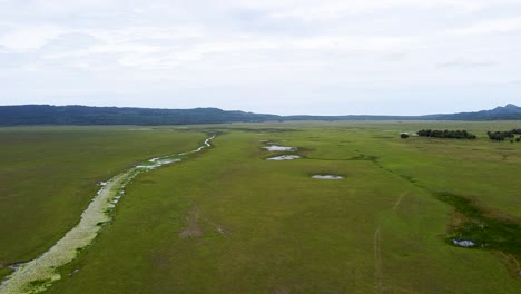 Weitläufige,-Weitläufige,-Grüne,-Ebene-Landschaft-Mit-Bachläufen-Und-Bergen-Im-Hintergrund,-Abgelegene-Wildnis-Von-Feuchtgebieten,-Aufsteigende-Luftdrohnen