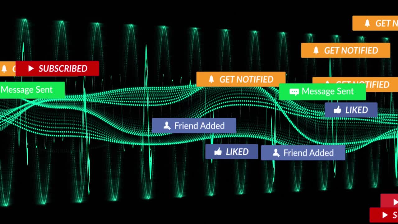 검은색 배경의 빛 트레일 위에 텍스트가 있는 소셜 미디어 아이콘의 애니메이션
