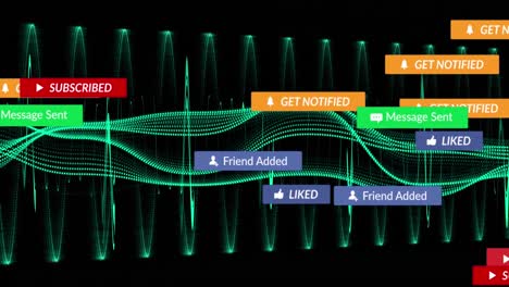 animation of social media icons with texts over light trails on black background