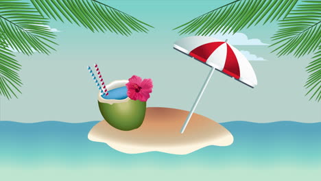 hello summer holiday poster with coconut cocktail and umbrella