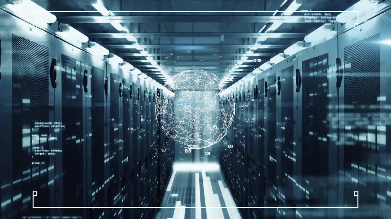 Animation of globe and digital data processing over computer servers