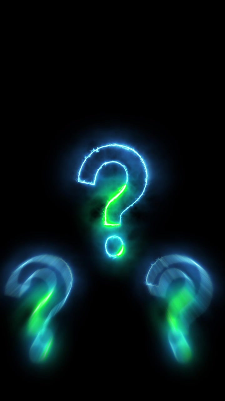 Neon question symbol quiz visual with bright electric outlines mirrored marks and dark smoky