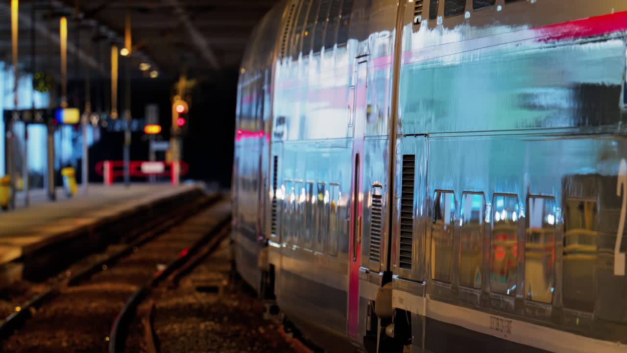Close up of a train moving on the rails near a station in the south of France at night