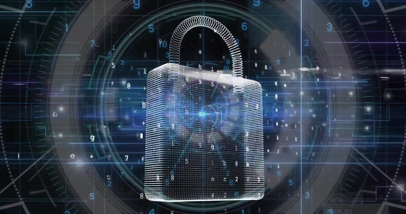 Animation of padlock and digital data processing over computer servers