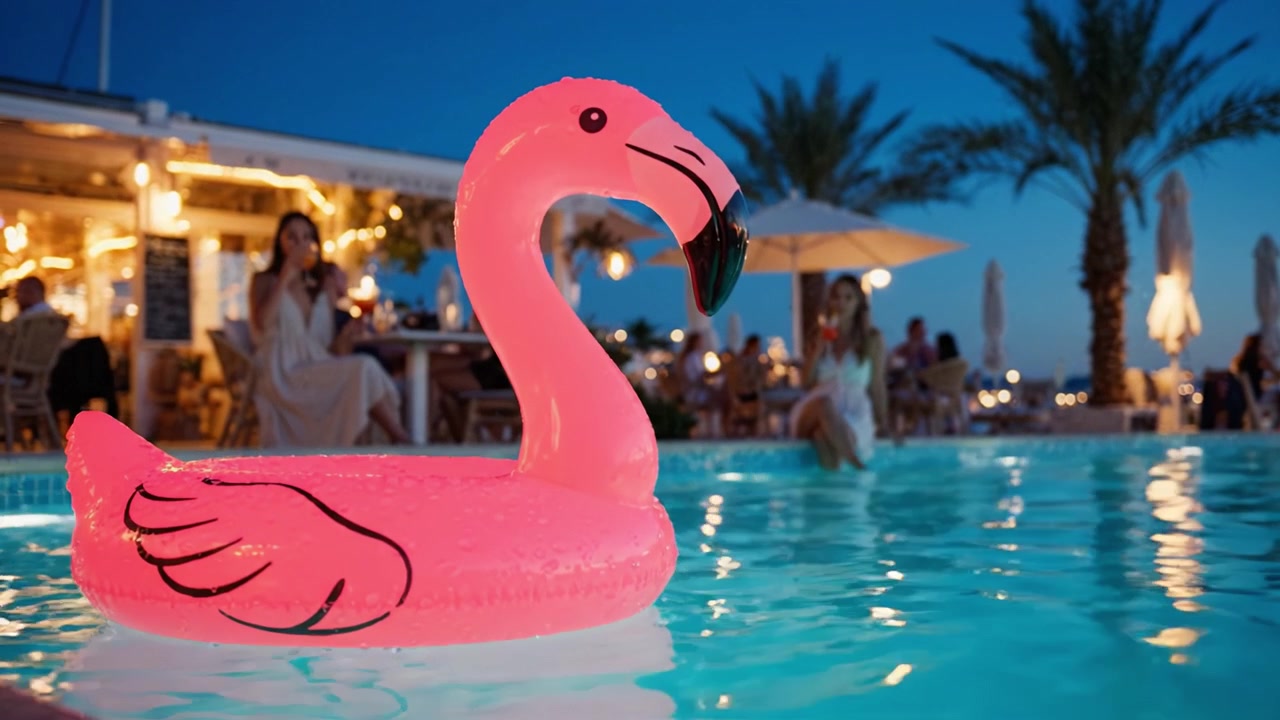 A Vibrant Evening by the Poolside Featuring a Pink Flamingo Float Amidst Palm Trees and a Lively Ambiance, Perfect for Relaxation and Socializing.