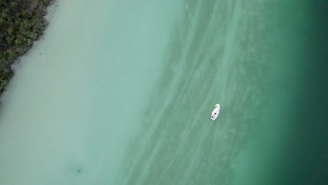 Un-Barco-Navegando-A-Través-De-Las-Vastas-Aguas-Del-Lago-De-Bacalar-En-México-Con-Vistas-Al-Denso-Bosque-Lateral-De-La-Laguna--Toma-Aérea