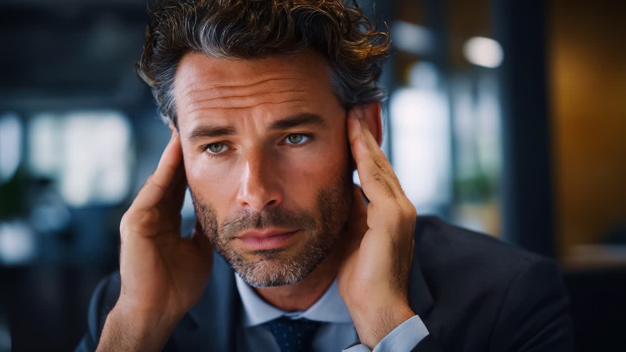 A focused businessman with an intense expression, showing signs of stress and contemplation in a modern office setting during a tense moment of decision making