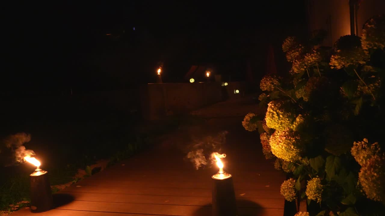 Experience the enchanting night garden in Mediterranean climate with torches illuminating the landscape