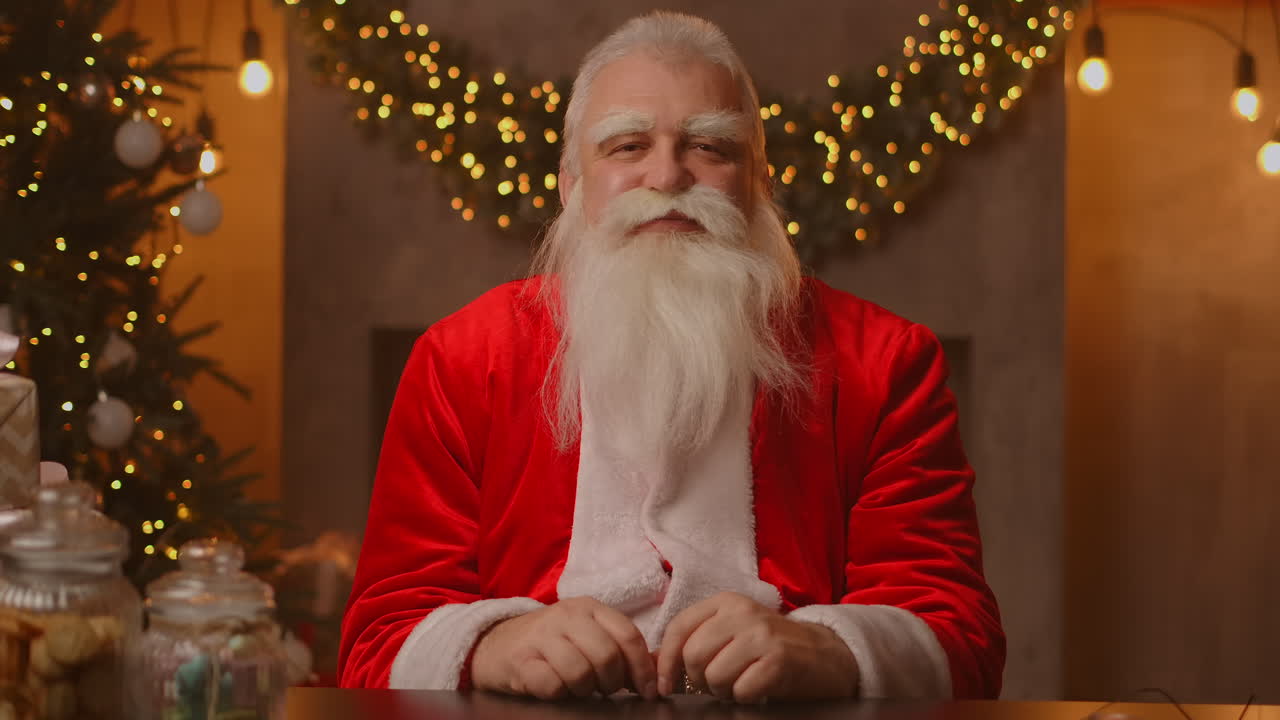 santa claus está sentado en una mesa en una hermosa sala de estar decorada para una feliz navidad. santa claus sonrió y asintió con la cabeza en acuerdo.