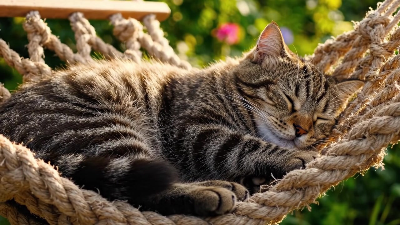 Un incontro tranquillo: un gatto soriano contento che si rilassa pacificamente su una comoda amaca, circondato da una natura verde lussureggiante e fiori colorati.