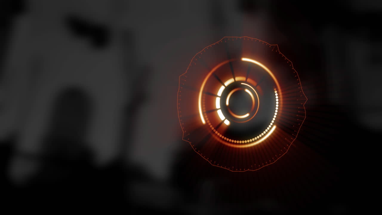 video compuesto digital de un escáner redondo brillante girando contra el paisaje urbano en el fondo