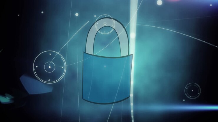 Digital animation of network of connections over security padlock icon on blue background