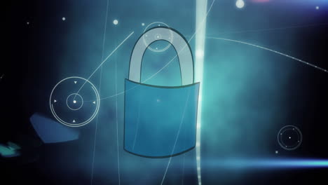 digital animation of network of connections over security padlock icon on blue background