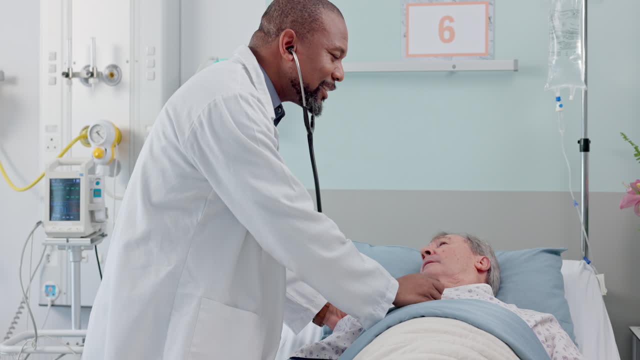 Doctor, senior patient and bed for heart rate