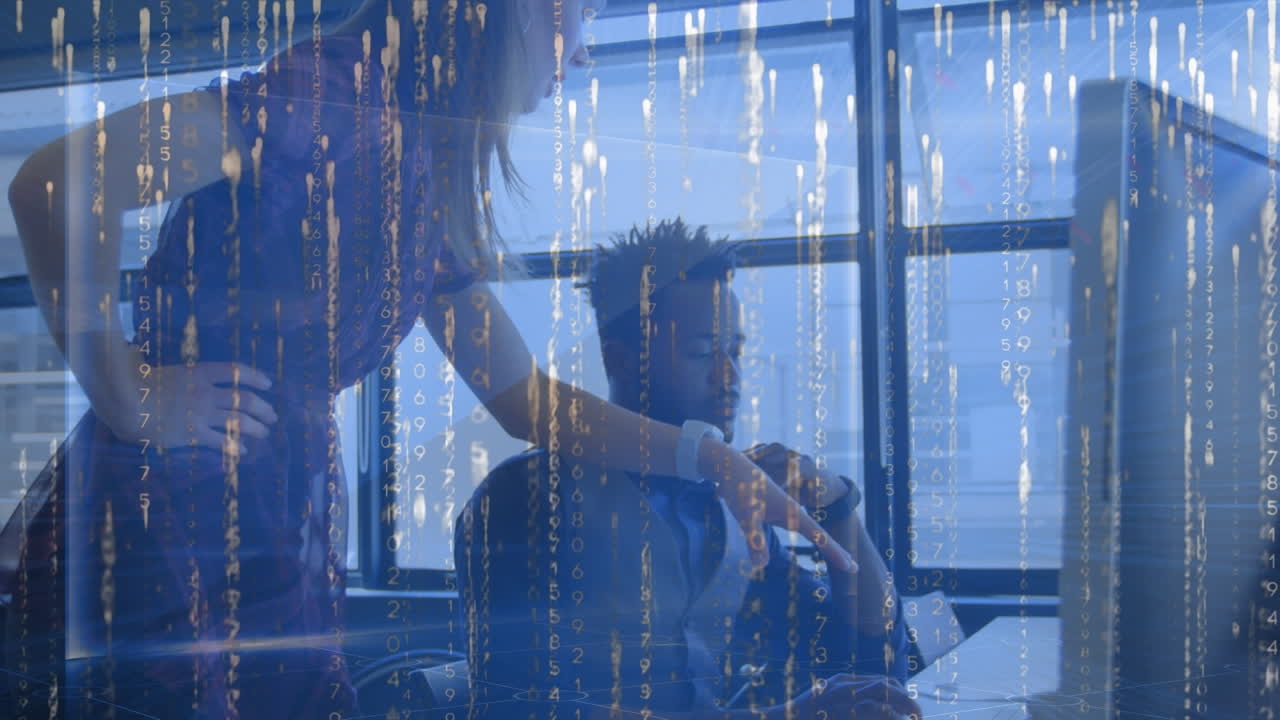 사무실에서 컴퓨터를 통해 토론하는 다양한 남녀 동료들에 대한 빛의 흔적의 애니메이션