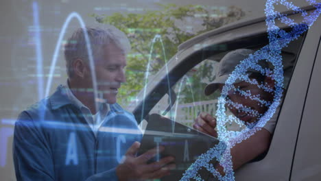 animation of dna strand over two delivery men