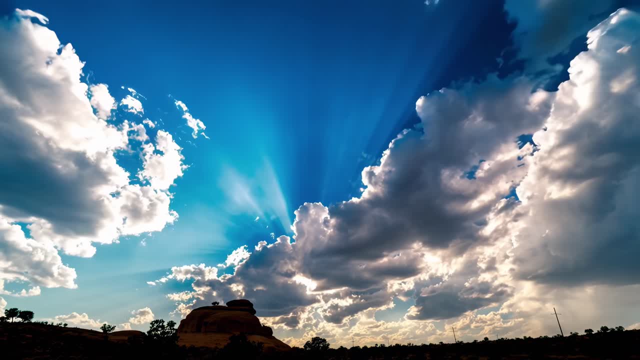 Dramatisk vidvinkelvideo av en enorm himmel med solstråler som trenger gjennom skyer over et landskap