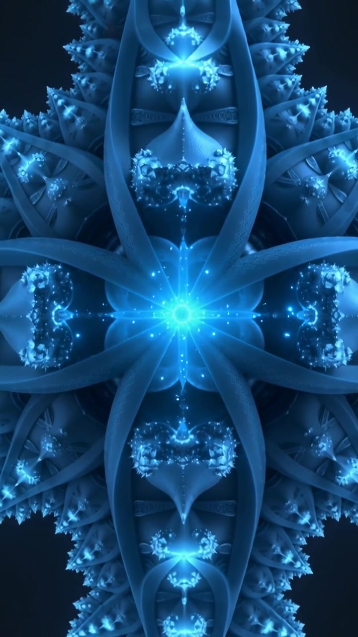 Video verticale: La telecamera si allontana rivelando un nucleo ciano pulsante nel vuoto nero, mostrando ripetizioni.