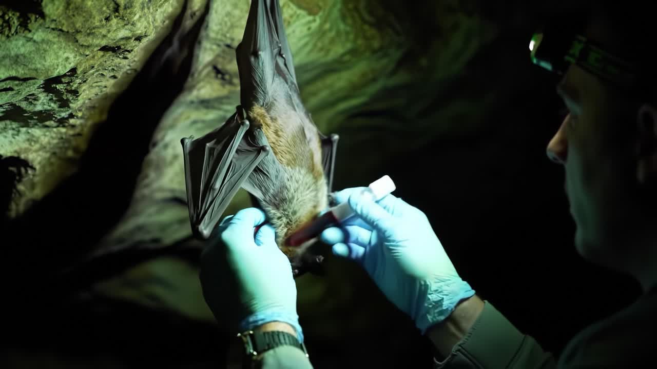 A researcher in gloves carefully examines a bat in a cave, collecting samples to assess the health of the species. The activity focuses on wildlife conservation and disease prevention.