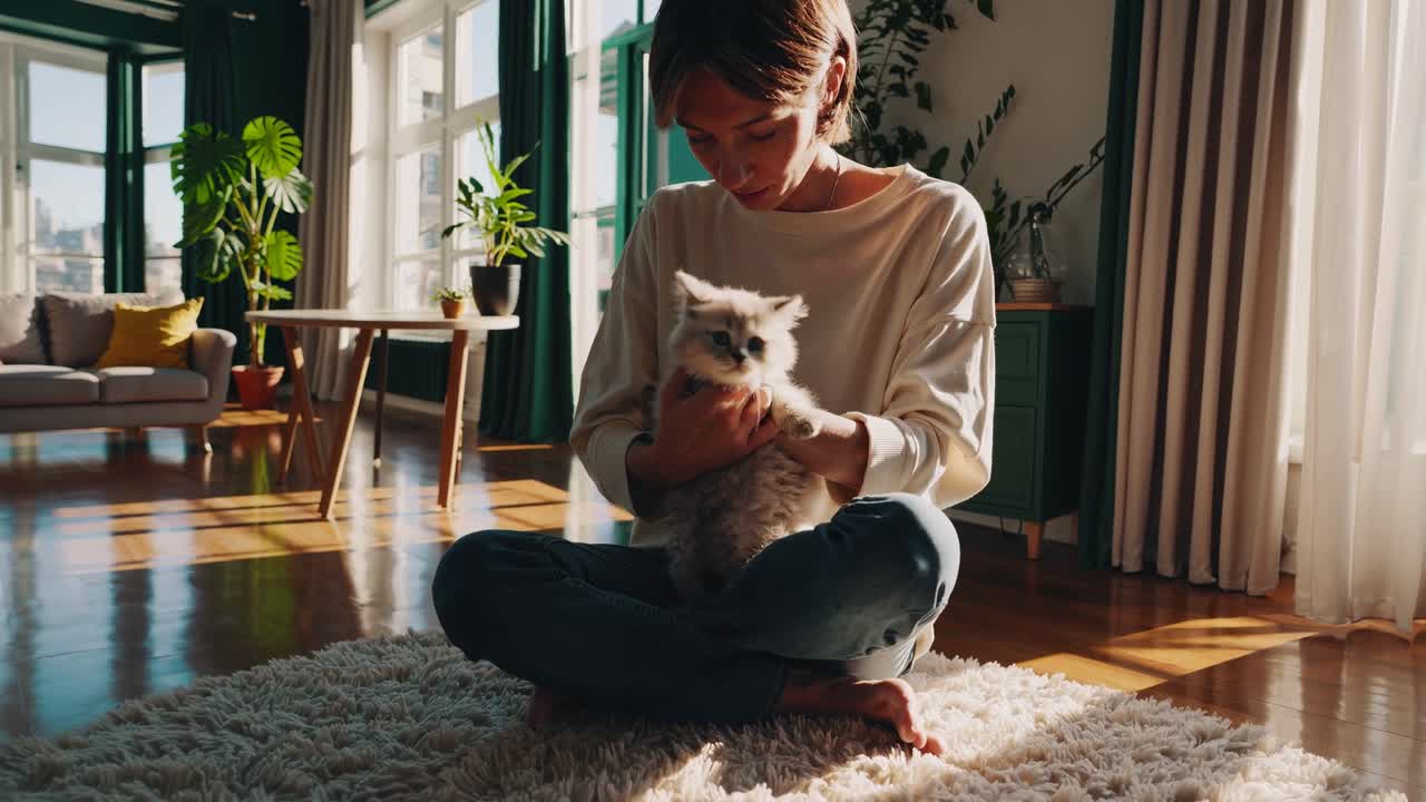 Varm, koselig stuescene fanget fra lav vinkel. En person sitter på et teppe med en katt, badet