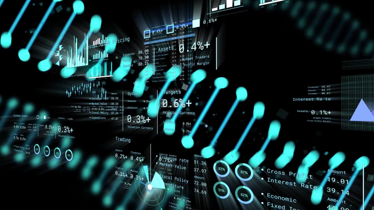 Data feed updating, glowing cyan helix sweeping across HUD, refreshing charts and showing metrics