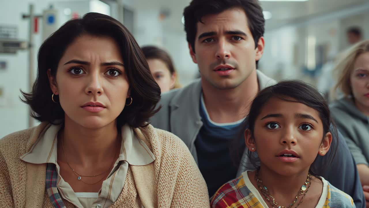 Reacting family trio stepping forward in clinic corridor with dispensers after offscreen noise