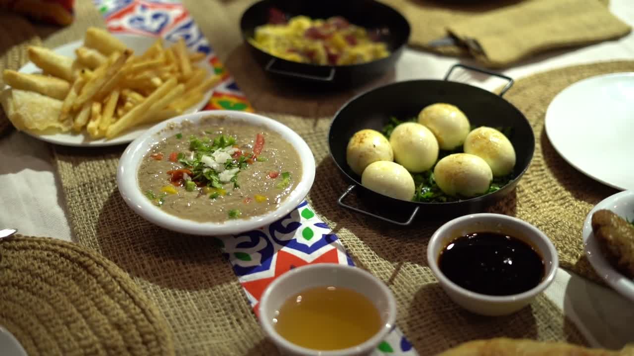 View of an Egyptian breakfast in the garden, close up shot, high angle shot