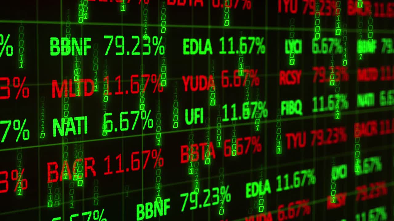 Animazione di codifica binaria e elaborazione dati di borsa su sfondo nero