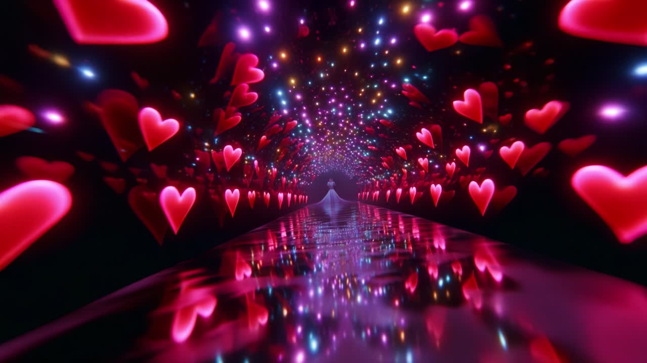 A mesmerizing visual journey through a vibrant tunnel illuminated by colorful hearts and sparkling lights, creating a romantic and enchanting atmosphere that captures the essence of love and joy
