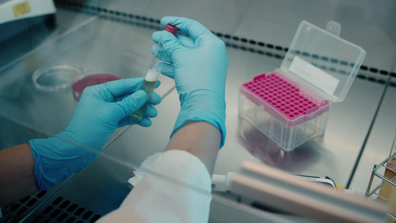 A woman takes a sample from a test tube in an analysis laboratory