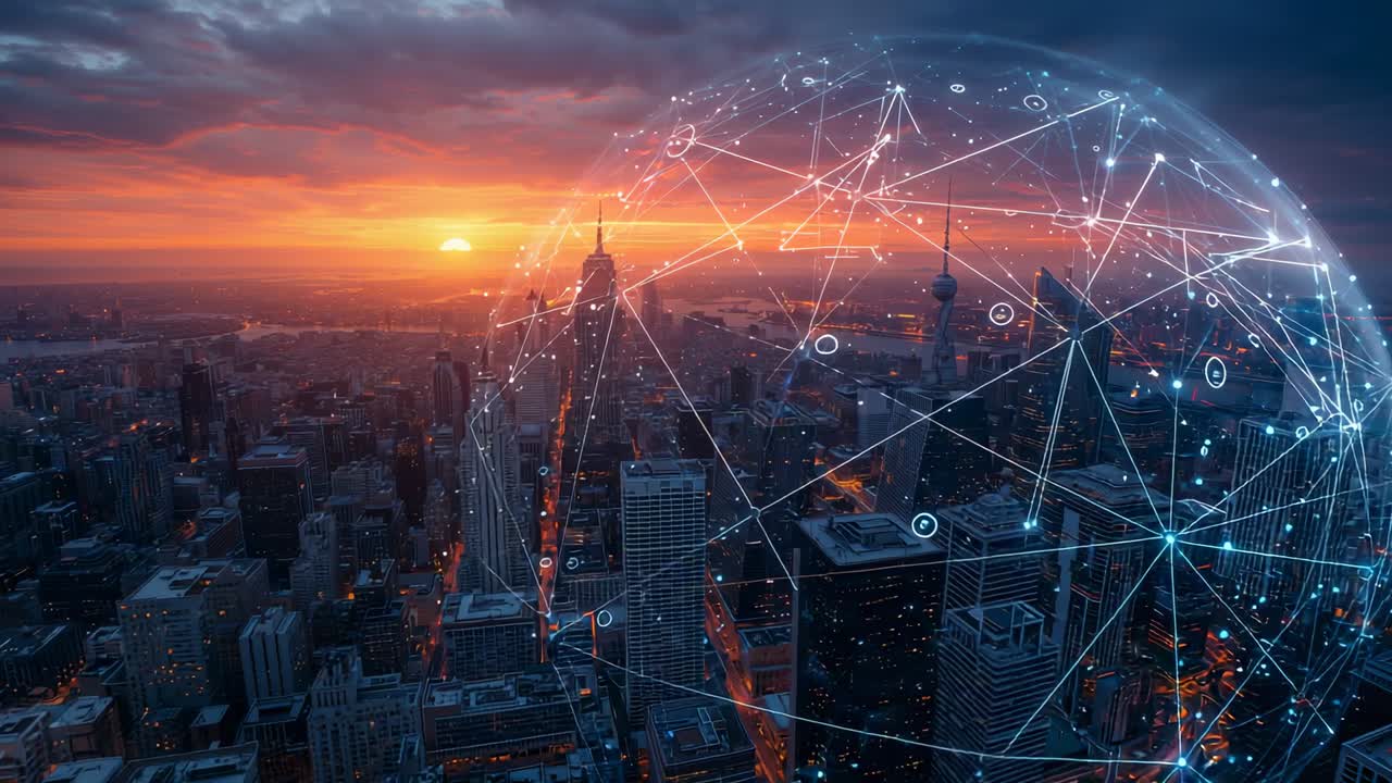 Appearing holo globe rotating, mapping downtown at sunset, linking nodes to towers, copy space