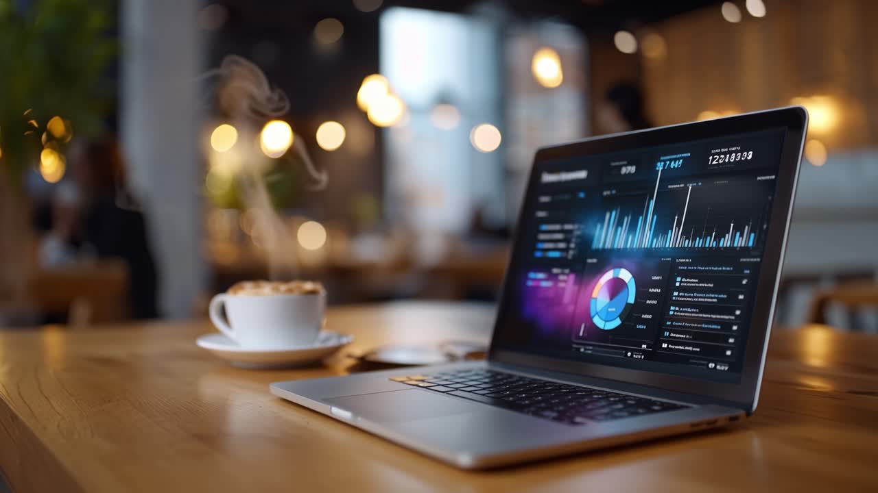 A laptop displaying analytical data with colorful graphs and charts alongside a steaming cup of coffee in a cozy cafe setting during daytime