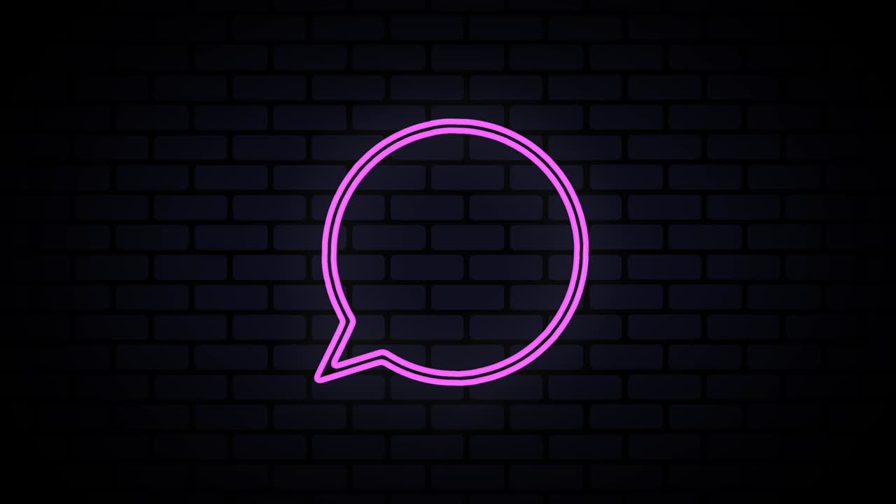 Neon speech bubble on brick wall. Night Club Bar Blinking Neon Sign. Motion Animation. 4k