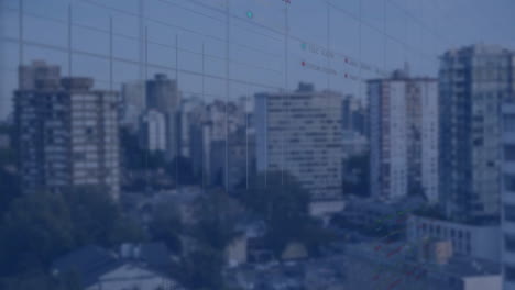 animación del procesamiento de datos financieros sobre el paisaje urbano