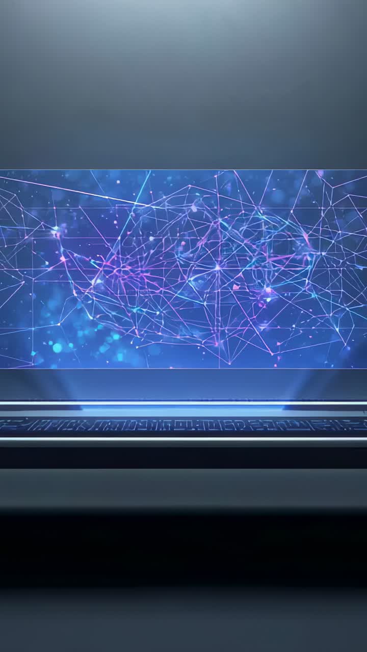 Vertical video: Blue beams activating LED-lit platform, holo panel projecting network mesh at demo