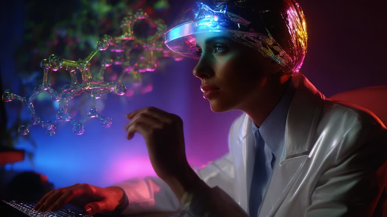 A futuristic scientist engages with holographic molecules while analyzing data on a computer, showcasing the amalgamation of technology and scientific innovation in a vibrant laboratory environment