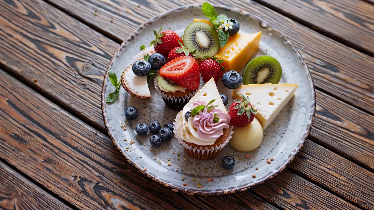 Top-down video shot of a rustic plate with cupcakes, cheese, and fruits on a wooden table