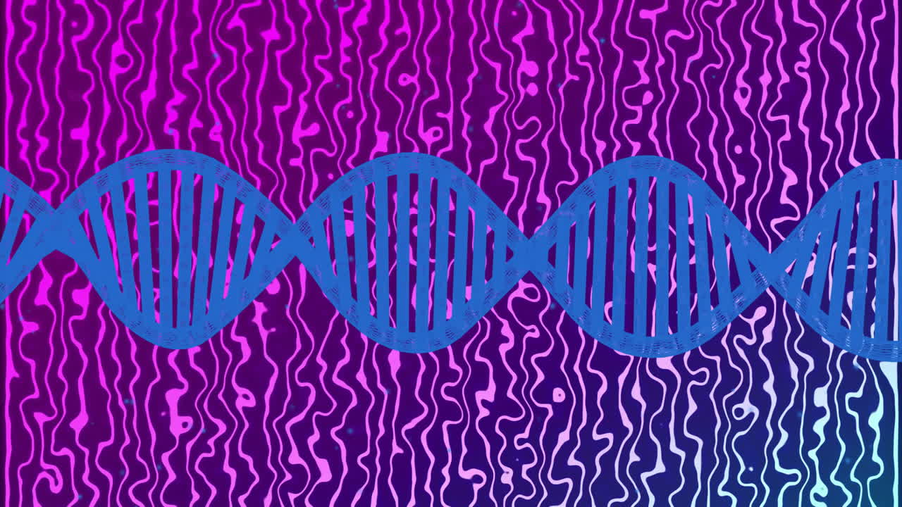 DNA strand animation over abstract wavy lines background