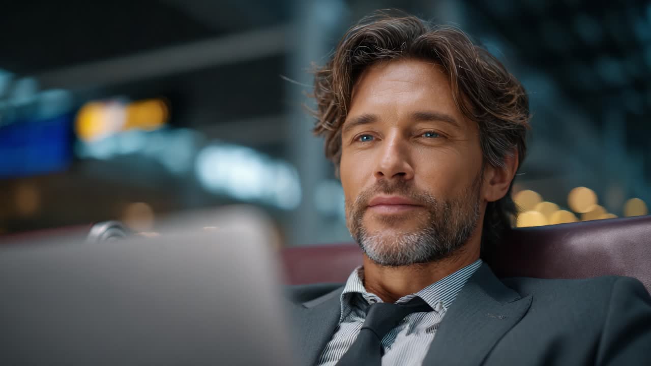 Focused Professional Working on Laptop in an Airport Lounge, Displaying Relaxed Attitude While Engaging with Digital Device Amid Modern Environment