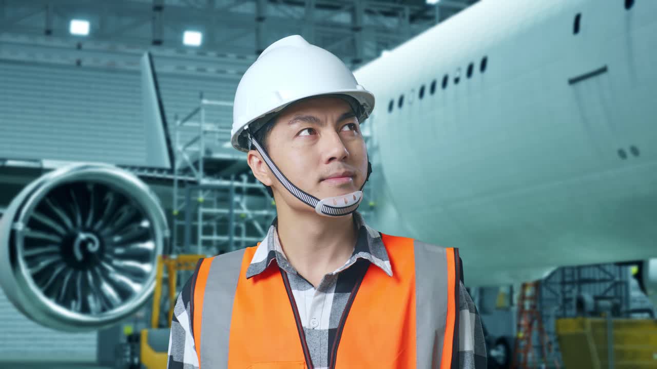 안전 헬을 입은 아시아 남성 엔지니어가 거에 있는 항공기와 함께 서서 주위를 둘러보고 확인하고 있습니다.