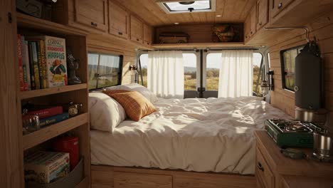 cozy and stylish interior of a modern van setup featuring a comfortable bed, natural light, and wooden accents for ultimate travel comfort