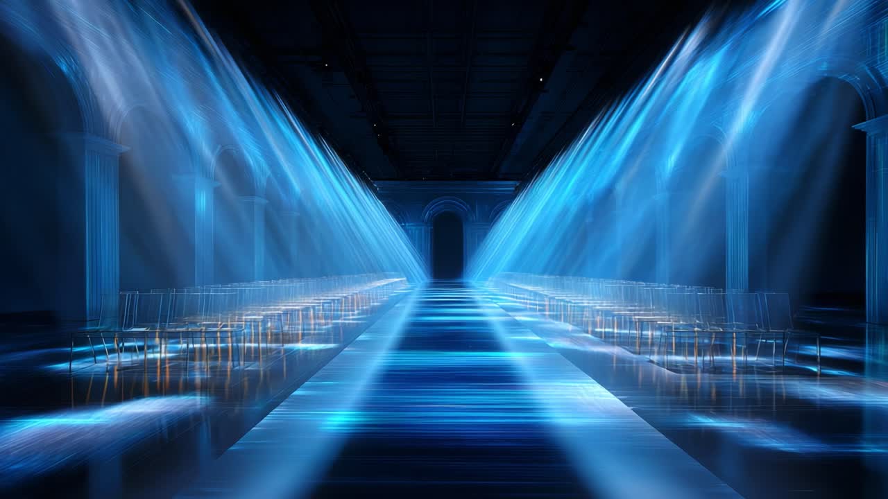 An ethereal fashion runway illuminated by stunning blue light beams and reflections, creating a captivating visual experience perfect for showcasing avant-garde designs in a mesmerizing setting