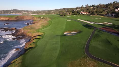 pebble beach golf course aerial over the 9th hole, famous pga links in the early morning