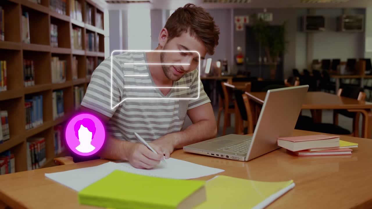 Animation of profile and message icon over caucasian boy studying in the library at college
