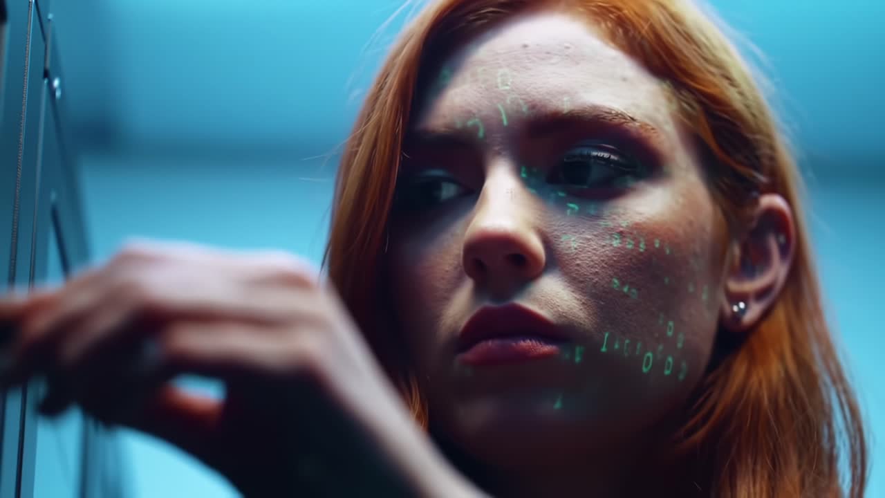 A Close-Up of a Young Woman's Focused Expression as She Engages with a Futuristic Device Against a Modern, High-Tech Background