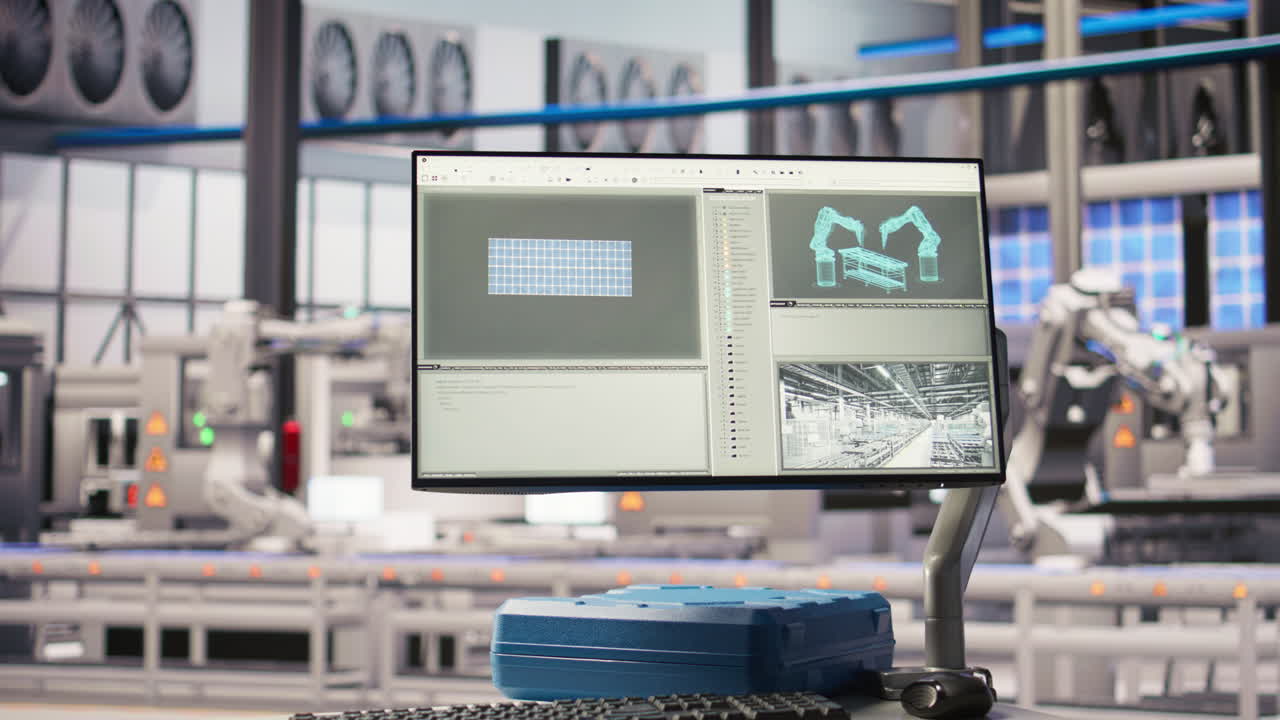 Vertical video Monitor in smart photovoltaics factory analyzing performance data