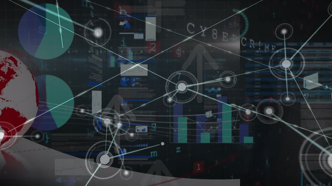 Animation of network of connections over data processing and globe